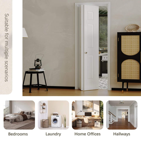 Bifold Closet Door For 30 x 80 Opening, 6 Lite Panel Hollow Core With Hardware Kit, ideal for wardrobe and pantry, white interior doors.