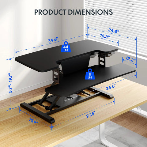 35 Inch Electric Standing Desk Converter With Slick Quiet Lift Height Adjustable Stand Up Riser Dual Monitor And Laptop Setup Wide Keyboard Tray Black Finish dimensions view