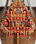 Detailed stern view of Vasa 1628 Ship Model Kit 05414, 330 Piece Historical Wooden Craft Set For Builders, Swedish Regal Warship Replica.