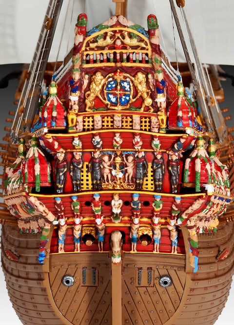 Detailed stern view of Vasa 1628 Ship Model Kit 05414, 330 Piece Historical Wooden Craft Set For Builders, Swedish Regal Warship Replica.