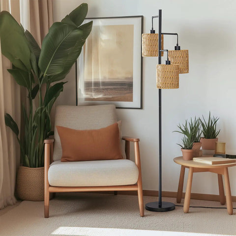 65 Inch Boho Rattan Floor Lamp With Three Lights next to a chair, featuring rattan shades, in a cozy living room setting.