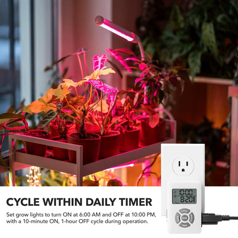 Digital Plug In Outlet Timer With Interval Repeat Cycle offers zero fuss setup for grow lights on potted plants.