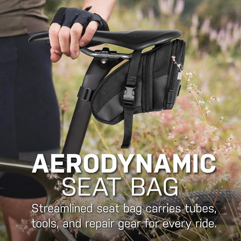 Aero Wedge Saddle Pack With Quick Clip Strap Mount For Bikes, Medium, Black, weatherproof Cordura attached under bike seat.