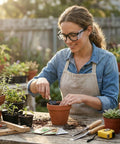 A woman gardening wearing Heavy Duty Photochromic Safety Glasses With ANSI Z87 Approval, light adapting lenses, and an apron.