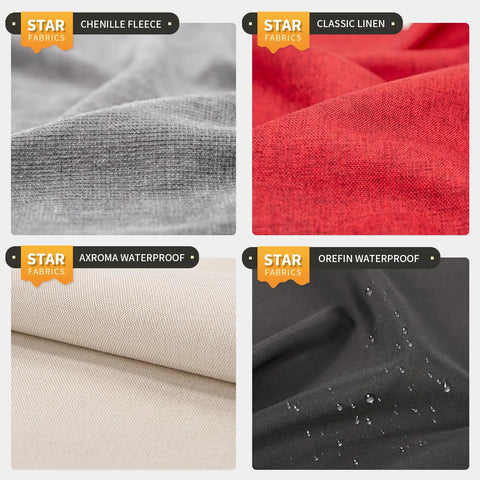 Close-up of four fabric swatches: Chenille Fleece, Classic Linen, Axroma Waterproof, and Oreffin Waterproof with water droplets.