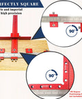 Precision Cabinet Door Handle Jig For Hardware Mounting With 5mm And 4mm Drill Guide Made From Hella Tough Aluminum Alloy in use with measurement markings.