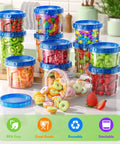 12 Pack Freezer Storage Containers Set With Twist Top Lids 34 Oz 24 Oz And 17 Oz BPA Free Plastic Food Storage Containers filled with colorful snacks.