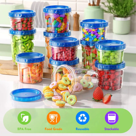 12 Pack Freezer Storage Containers Set With Twist Top Lids 34 Oz 24 Oz And 17 Oz BPA Free Plastic Food Storage Containers filled with colorful snacks.