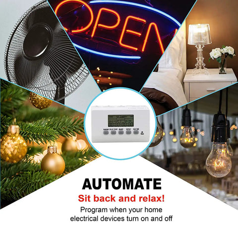 All Season Dual Grounded Outlets Outdoor Digital Timer With Six Inch Cord Plug And Play Simple Three Button Setup For Christmas Lights And Led Decor No Sweat with fan, lamp, and holiday lights.