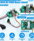 CCM6N PWM Speed Controller for 12V DC Geared Motor Kit with 300 RPM Output, featuring connection ports and power supply indicators.