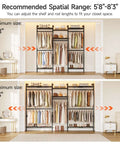 Space Saving Expandable Wall Mounted Closet System With Telescoping Shelves And Adjustable Rods, Industrial Pipe Wardrobe Rack For Walk-In And Reach-In Closets, 5.7 To 8.2 Ft, Black Finish, showing minimum and maximum size configurations
