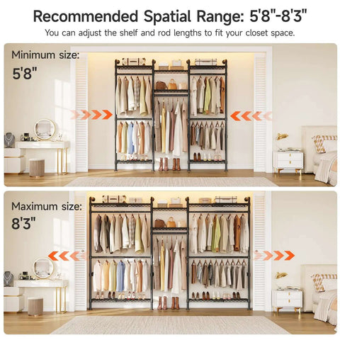 Space Saving Expandable Wall Mounted Closet System With Telescoping Shelves And Adjustable Rods, Industrial Pipe Wardrobe Rack For Walk-In And Reach-In Closets, 5.7 To 8.2 Ft, Black Finish, showing minimum and maximum size configurations