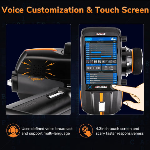 Eight Channel Two Point Four Gigahertz RC Transmitter with full color IPS touchscreen, speaker, detailed control interface
