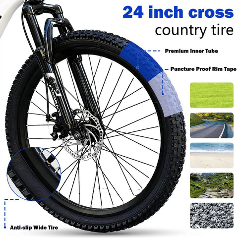 Close-up of 24-inch wheel on Trail Ready Rugged Hardtail Mountain Bike With 24 Inch Wheels 7 Speed Trigger Shifter Knobby Mountain Tires Mechanical Disc Brakes Lightweight Aluminum Frame Suspension Fork Plus Comfortable Saddle For All Terrain Adventures.