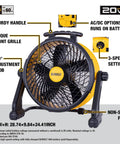 Front view of Beefy Industrial High Velocity Floor Fan With AC DC Dual Power, 18 Inch Barrel, highlighting key features and specs.