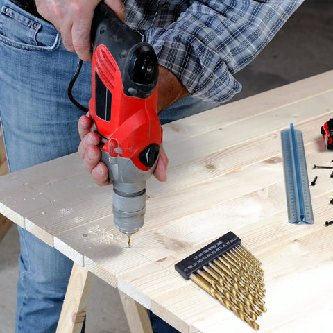 Person using power drill with Titanium Coated Drill Bit Set 13 Piece Pro Grade With 135 Degree Tip HSS High Speed Steel Bits nearby