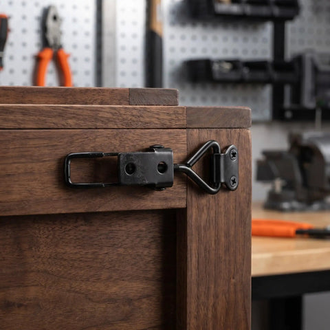 12 Pack Adjustable Toggle Latch Clamp With Quick Release Hasp Self Locking Design attached to a wooden case