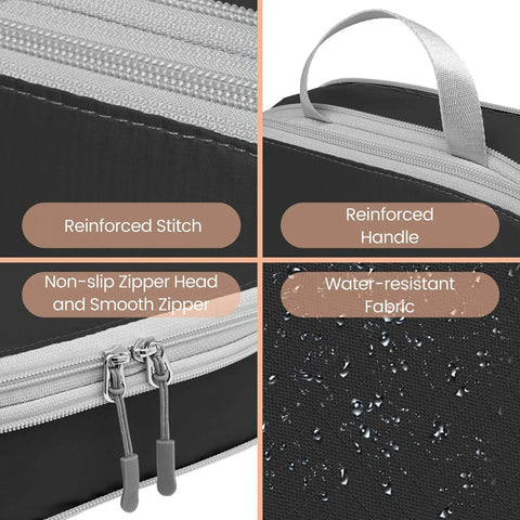 Four Pack Compression Packing Cubes For Travel Lightweight Expandable Luggage Organizers Space Saver For Carry On Suitcases Keep Your Threads Neat And Wrinkle Free Black with reinforced stitch, handle, zipper, and water-resistant fabric