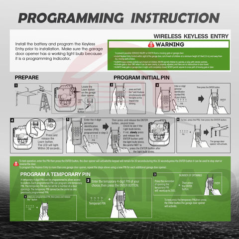 Programming instructions for Replacement Keypad For MegaCode Linear Garage Door Opener That Is Ready To Roll, with diagrams and warnings