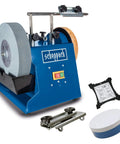 Heavy Duty Wet Bench Grinder With Water Cooled 250 Mm Corundum Whetstone And Leather Honing Wheel Engineered For Quick Blade Sharpening And Shop Ready Work with corundum wheel and polishing pad.