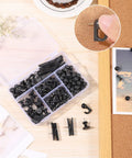 Hella Versatile 200 Pcs Push Pins And Heavy Duty Thumb Tacks For Bulletin Board Cork Wall Organizers in a clear box with black pins.