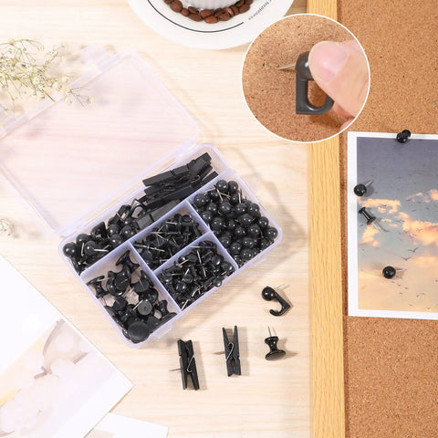 Hella Versatile 200 Pcs Push Pins And Heavy Duty Thumb Tacks For Bulletin Board Cork Wall Organizers in a clear box with black pins.