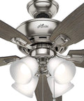 Close-up of a 52 Inch Indoor LED Ceiling Fan With Pull Chain Lights, Brushed Nickel Finish, Five Blades.
