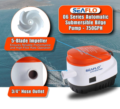 06 Series Automatic Submersible Bilge Pump 750 GPH 12V Three Quarter Inch Outlet Easy Install With Auto Float Switch