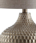 Antique Brown Honeycomb Resin Table Lamp With Teardrop Textured Base And Gray Linen Drum Shade LED Bulb Included For Living Room And Bedroom