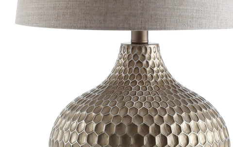 Antique Brown Honeycomb Resin Table Lamp With Teardrop Textured Base And Gray Linen Drum Shade LED Bulb Included For Living Room And Bedroom