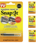 SnapIt eyeglass repair kit packaging showing compact tool set for fixing quick on-the-go screw repairs, fits most glasses.