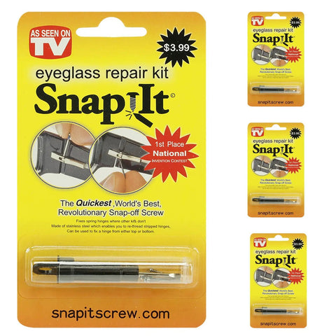SnapIt eyeglass repair kit packaging showing compact tool set for fixing quick on-the-go screw repairs, fits most glasses.