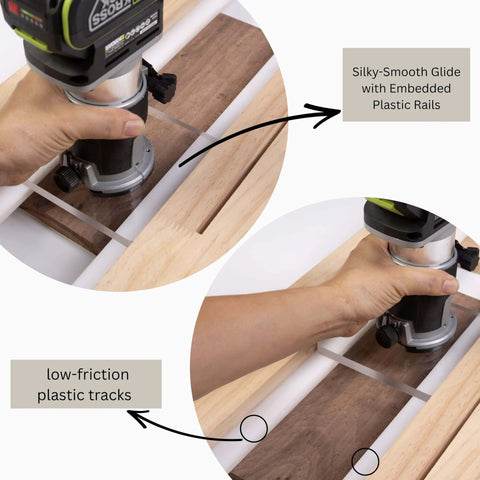 Close-up of Router Sled Flattening Jig For Wood Slabs And Epoxy Tables with adjustable planing sled kit and acrylic baseplate.