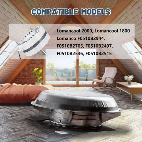 Attic Fan Motor Replacement For Lomanco 2000 And 1800 Series, Compatible With F0510B models, shown in a modern attic setting.