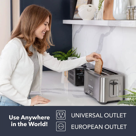 Woman using toaster with Beefy Step Up And Down Voltage Converter for home and travel handles up to 3000 watts