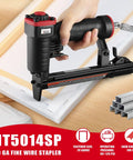 Lightweight Pneumatic 20 Gauge Upholstery Stapler For T50 Staples From One Quarter Inch To Nine Sixteenths Inch, in use on fabric.
