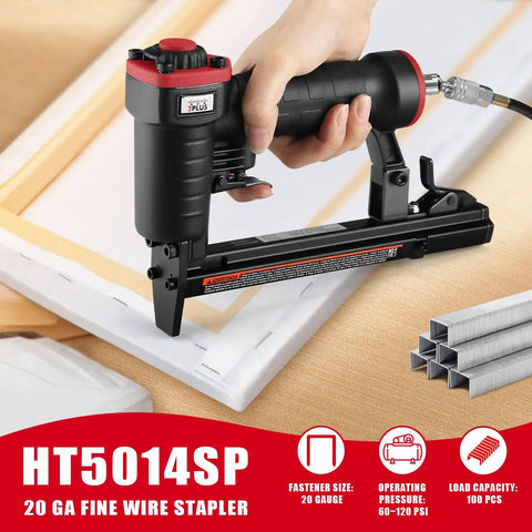 Lightweight Pneumatic 20 Gauge Upholstery Stapler For T50 Staples From One Quarter Inch To Nine Sixteenths Inch, in use on fabric.