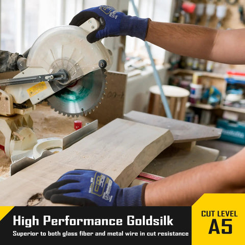 Person using fiberglass free A5 cut resistant gloves for men with touchscreen safety, nitrile grip coated, blue XL while woodworking.