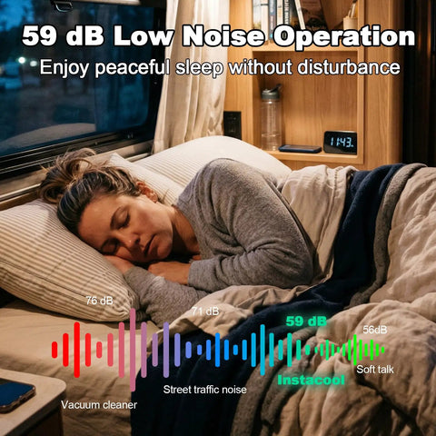 Woman sleeping peacefully in RV with 12V RV Rooftop Air Conditioner With 15000 BTU Heating And Cooling Brushless Compressors Ultra Quiet DC Powered AC For Trucks Campers Campervans Caravans Trailers And Motorhomes