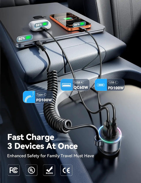 Heavy Duty 200W Car Charger With Usb C Fast Charge And Compact Gan Power Featuring Pd 100W Dual Output For A Built Different Road Ready Setup That Absolutely Slaps While Fueling All Your Devices On The Go charging three devices on a car console.