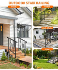 Helluva Strong Outdoor Stair Handrail For Two Or Three Steps Solid Black Wrought Iron Exterior Safety Guard Heavy Duty Galvanized Steel Powder Coated Build on a porch and garden steps.
