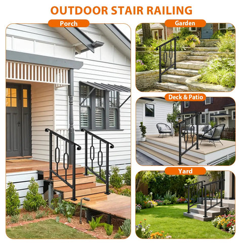 Helluva Strong Outdoor Stair Handrail For Two Or Three Steps Solid Black Wrought Iron Exterior Safety Guard Heavy Duty Galvanized Steel Powder Coated Build on a porch and garden steps.