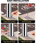 Installation steps for Rock Solid 32 Inch Stainless Steel Security Bollard 2 Pack with drills and bolts for secure mounting.