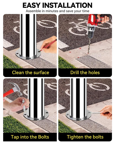 Installation steps for Rock Solid 32 Inch Stainless Steel Security Bollard 2 Pack with drills and bolts for secure mounting.