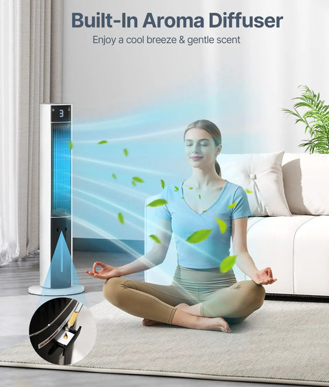Evaporative Air Cooler Tower Fan For Bedroom, 38 Inch Portable Swamp Cooler beside woman meditating in living room.