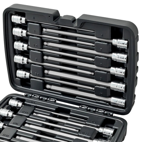 Eighteen Piece Extra Long Ball End Hex Set With Three Eighths Inch Drive SAE And Metric S2 Steel Bits Ball End Tips