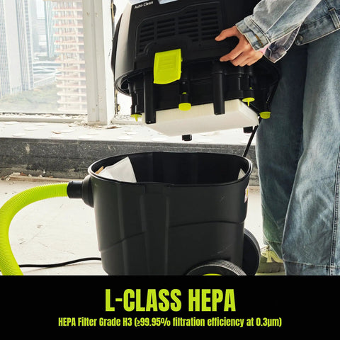 8 Gallon Dust Extractor With Auto HEPA Clean And Remote Control for woodworking showing filter removal
