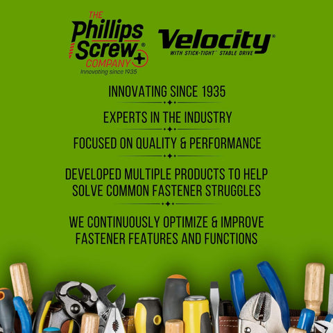 Phillips Screw Company and Velocity branding with tools, highlighting innovation and expertise in fasteners since 1935.