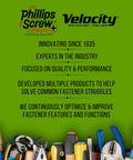 Phillips Screw Company and Velocity brands with tools and fasteners on green background, highlighting innovation and quality focus.