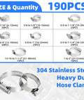 190-Piece Worm Gear Hose Clamp Set Beefy 304 Stainless Steel Heavy Duty Adjustable Clamps size chart and close-up image